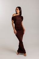 Self Portriat - Brown Draped Knit Midi Dress